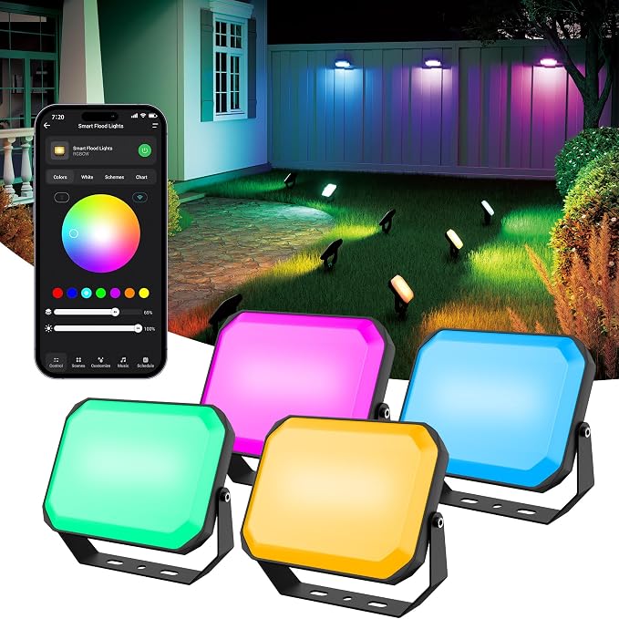BrizLabs Orange Purple Halloween Outdoor Flood Lights 4 Pack Color Changing | App/Voice Controlled; RGBCW; WiFi Smart Landscape Lighting; LED Floodlights for Fall Autumn Xmas Garden Yard Lawn Pathway