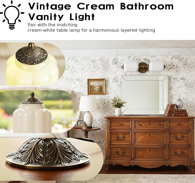 Milk Glass Bathroom Vanity Light - 2-Light Wall Sconce with Brass Finish Base & Green Glass Shade - Wall Sconce Lighting for Mirror, Kitchen, Living Room (White Glass with Gold Metal Accents)