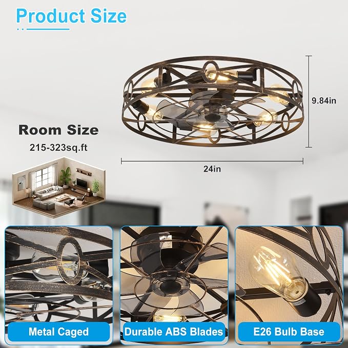 Depuley Flush Mount Ceiling Fan: 24" Caged Ceiling Fans with Remote Control for Patio Kitchen Bedroom - Low Profile Fandelier Lights Fixture Reversible 6 Speed Timer Brone 6*E26 Bulb Not Included