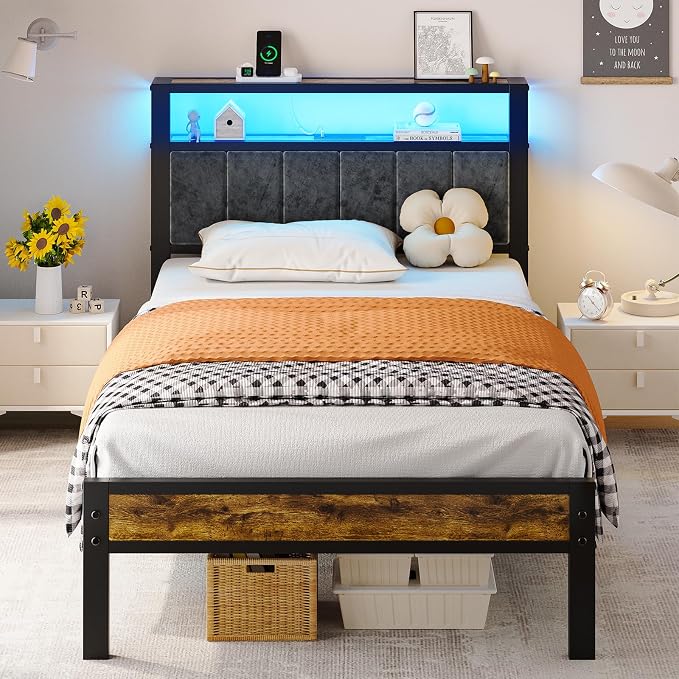 Liians Twin Size Bed Frame with LED Lights, Grey Upholstered Headboard | Platform Bed with 2-Tier Storage Shelf, Charging Station, Noise Free, No Box Spring Needed, Easy Assemably