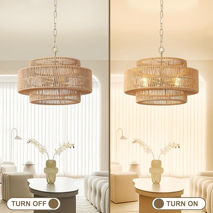 17.7"Large Boho Rattan Farmhouse Chandeliers for Dining Room,4-Light Rattan Hand-Woven Rustic Drum Chandelier Pendant Light Fixture for Kitchen Island Bedroom Living Room Entryway Foyer(Brown)