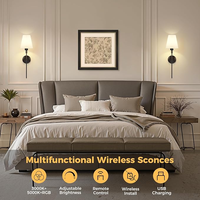 Battery Operated Wall Sconce: Set of 2 Wireless Wall Light 12000mAh | 15 Color Rechargeable Wall Sconces, Sconce Wall Decor Set of 2 for Bedroom, Living Room, Black, 24.6in