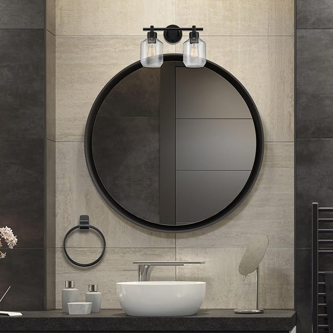 Globe Electric 3-Piece Powder Room Set, Matte Black, 2-Light Vanity with Clear Glass Shades and Matching Hardware, 51850