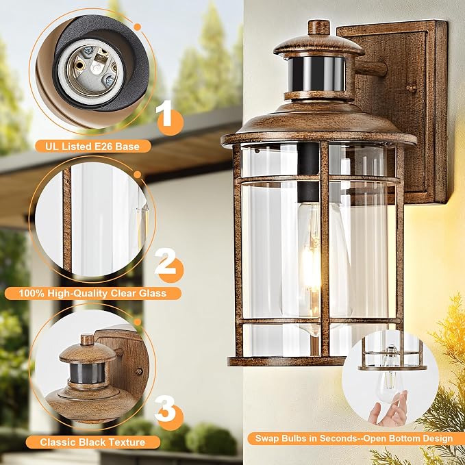 Motion Sensor Outdoor Wall Lights-Dusk to Dawn Porch Light,Faux Wood Grain Outdoor Lights Fixture,3 Lighting Modes Waterproof Anti-Rust Outdoor Lights for House Porch Garage (2 Pack