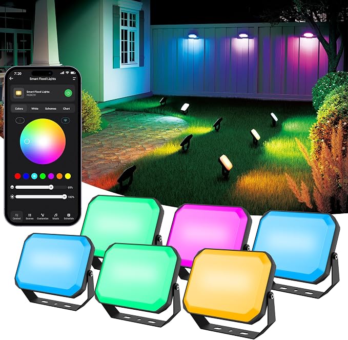 BrizLabs Smart Flood Lights, 6 Pack Orange & Purple Halloween Floodlights | RGBCW Color Changing; APP & Voice Control; Waterproof Landscape Lighting for Fall Autumn Garden Yard House Wall Pathway Decor