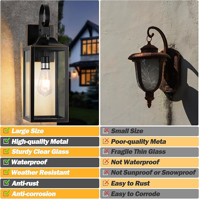 19" Dusk to Dawn Outdoor Lighting Porch Lights Black with Gold Trim 2 Pack | Large Outdoor Wall Lights, Sensor Exterior Lighting Fixtures, Toughened Glass, E26 Socket, Waterproof for House Garage