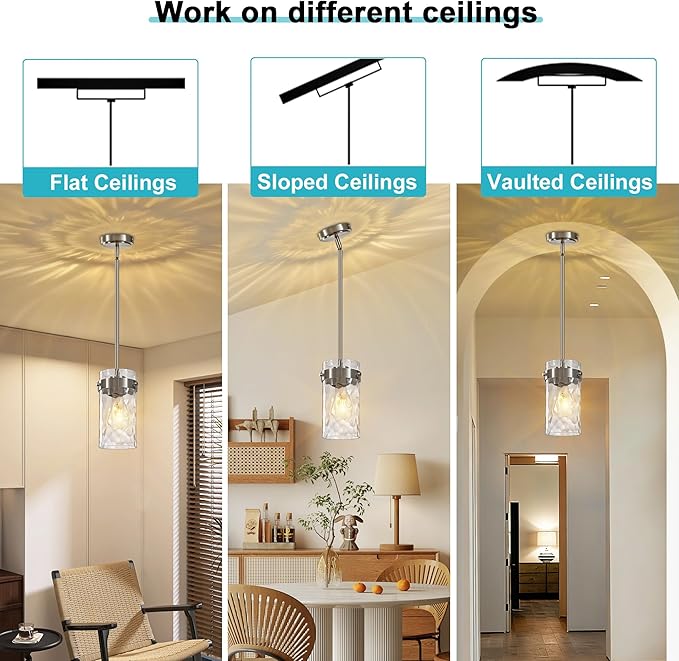 4.72" Hammered Glass Pendant Lighting for Kitchen Island 1 Pack, Modern Brushed Nickel Pendant Light Fixtures, Adjustable Ceiling Pendant Light for Kitchen Island Dining Room Bedroom Hallway