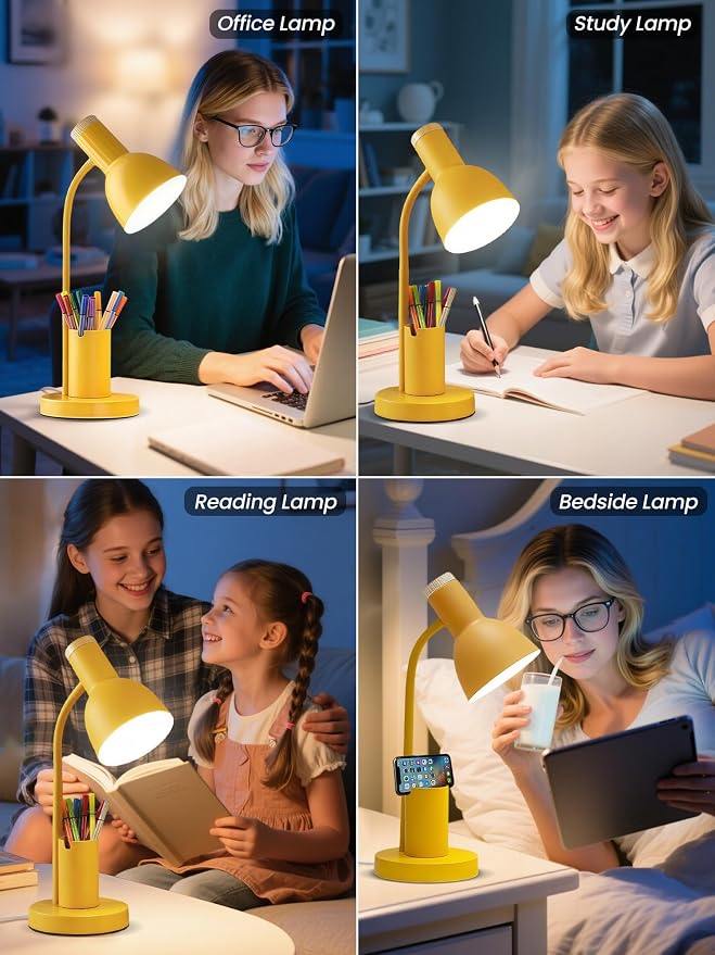LED Desk Lamp for Home Office, Table Lamp with Pen Holder, 3 Color Modes Reading Light, Eye-Caring Desk Light with Gooseneck, Metal Study Lamp for Dorm Bedside Bedroom (Yellow lamp)