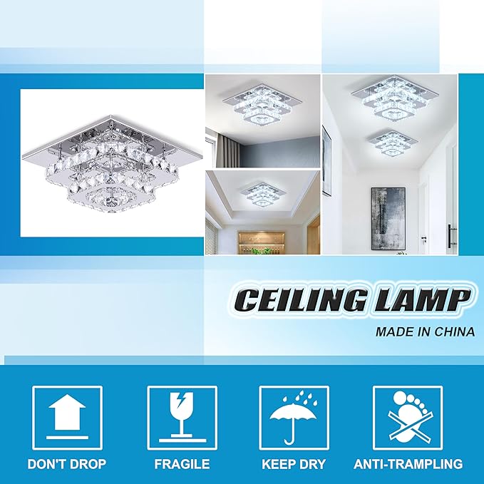 FRIXCHUR 9.8" Crystal Ceiling Light, 3-Color LED Square Flush Mount Chandelier, 2-Layer K9 Crystal Ceiling Lamp for Bedroom Living Room Dining Room Hallway Foyer 25W