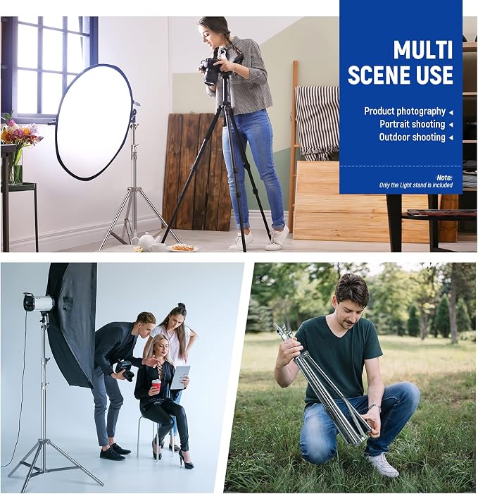 NEEWER 7.2ft/2.2m Stainless Steel Light Stand, Spring Cushioned Heavy Duty Photography Tripod Stand with 1/4” to 3/8” Screw Adapter for Strobe,LED Video Light,Ring Light, Monolight, Softbox | Photography Tripod Stand, 1/4" to 3/8" Screw Adapter, for St...