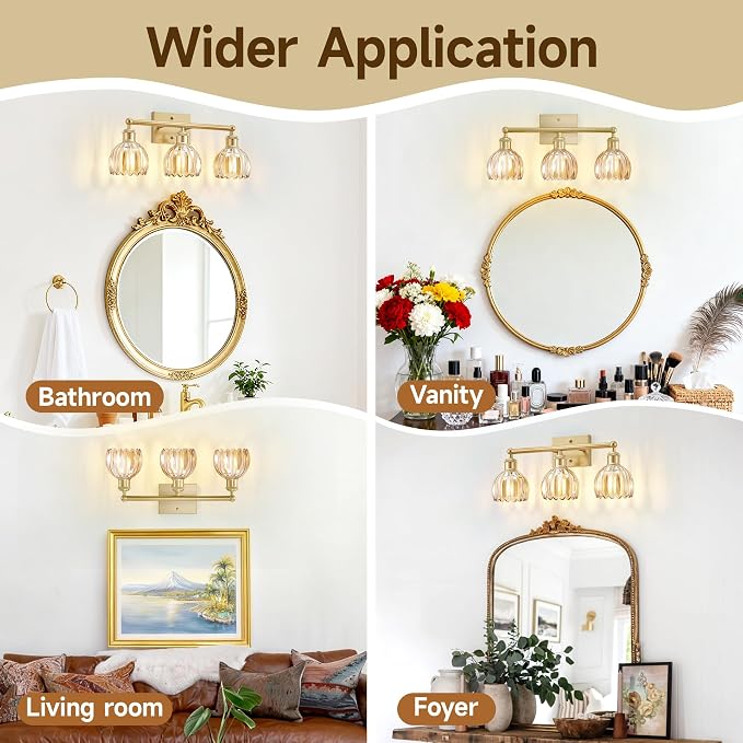 Bathroom Vanity Light 3 Light, 20 in Brushed Brass Bathroom Light Fixtures, Vintage Wall Sconces,Bath Vanity Lights Over Mirror with Amber Tulip Glass Shade for Bedroom Living Room,E26 Base