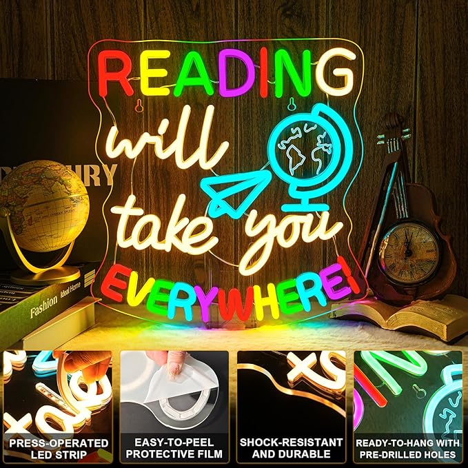 Study Neon Signs Reading Will Take You Everywhere Neon Sign Classroom Wall Decor Light Up Reading Corner Bedroom LED Learn Lights for Teens Room Books Lover Gifts for Teachers