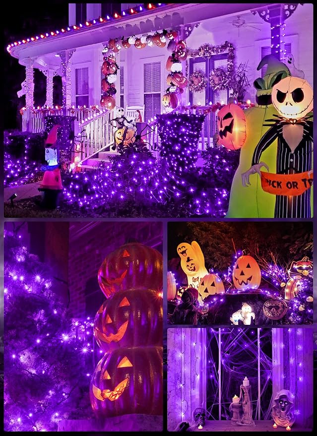 Minetom 2Pack Solar Halloween Lights Outdoor,Total 80FT 200LED String Light | Halloween Decoration Outdoor with 8 Modes, Black Wire, Waterproof Solar String Lights for Outside Tree Yard Party, Purple