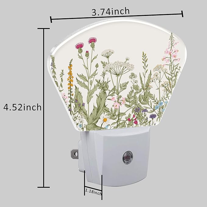 Vintage Wildflowers Plug in Night Lights, Colorful Herbs Nightlight Plug Into Wall Dusk to Dawn Sensor for Kid Girls Boys Women Men Bedroom, Hallway, Kitchen, Bathroom, Stairs Decor