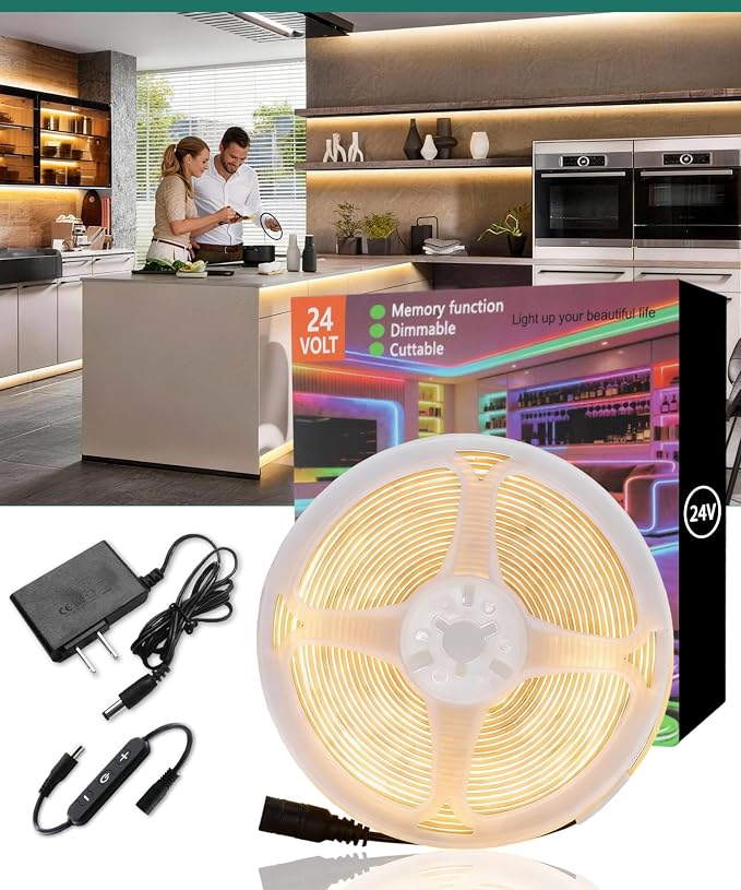 COB Warm White 50Ft LED Strip Lights 24V Super Bright LED Rope Lights Dimmable Flexible High CRI95+ Light Strip for Bedroom,LED lights Strip Under for Cabinet Kitchen Decor DIY,Under Cabinet Lights