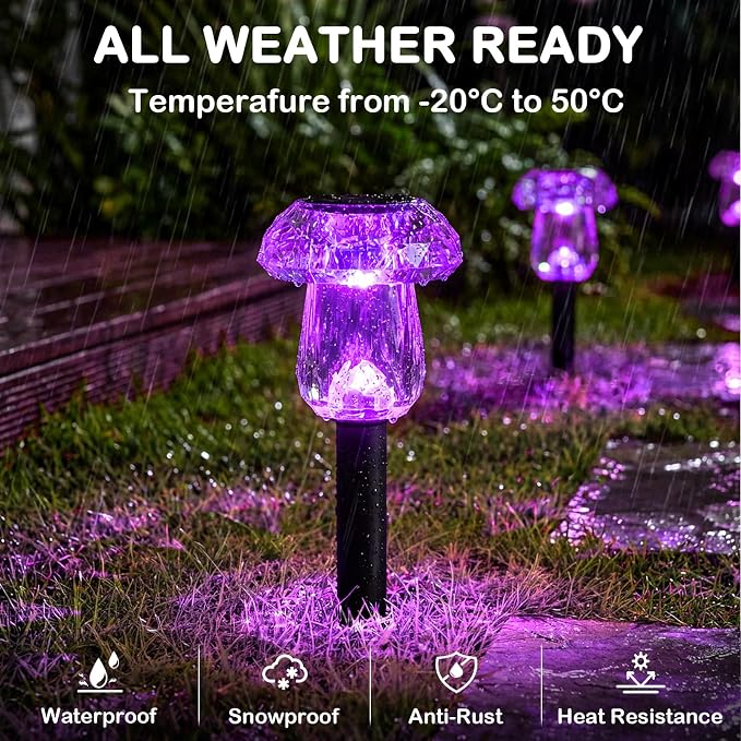 Solar Halloween Lights Outdoor 8 Pack Purple Garden Mushroom Decor | LED Waterproof Halloween Decorations Outdoor for Pathway Yard Outside Driveway Walkway Landscape Path Lighting, Auto On/Off