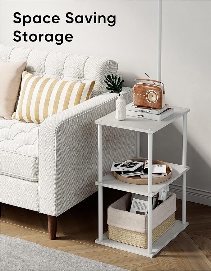 PARTPHONER Floor Lamp with Table, Night Stand with Lamp, Narrow Side Table with 3CCT LED Bulb, Small Coffee Table, Modern End Table with Storage Shelves for Living Room Bedroom Home Décor, White