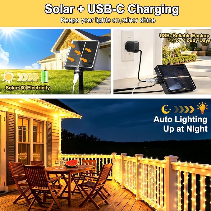 KNONEW 203FT 600 LED Solar String Lights Outdoor, Extra Long Solar Fairy Lights with 8 Modes, IP44 Waterproof Copper Wire Lights for Garden Patio Yard Christmas Decor, Warm White