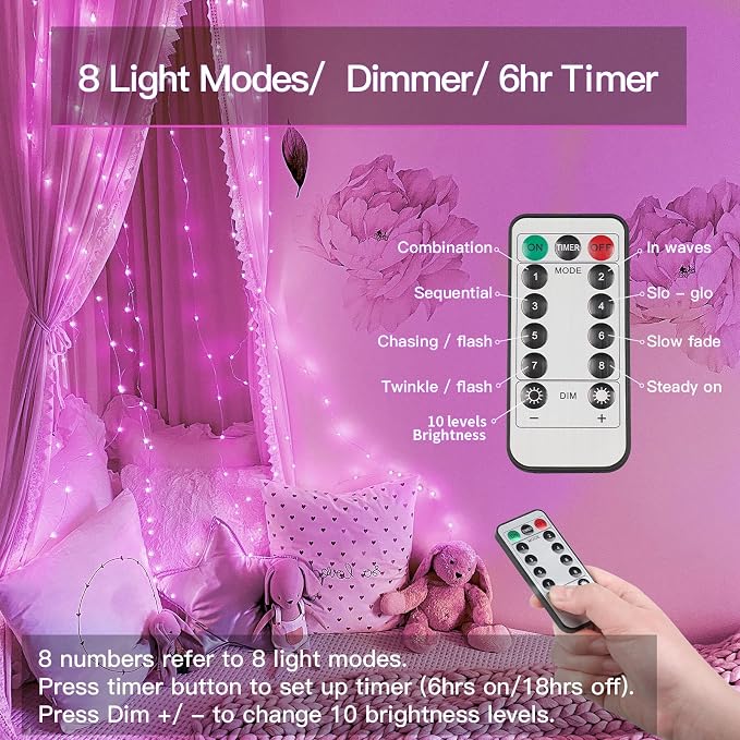 Pink Valentine Day Fairy Lights Battery Operated, 66ft 200 LED String Lights with Remote & Timer, Waterproof Twinkle Lights for Bedroom, Romantic Wedding, Party, Indoor & Outdoor Decor