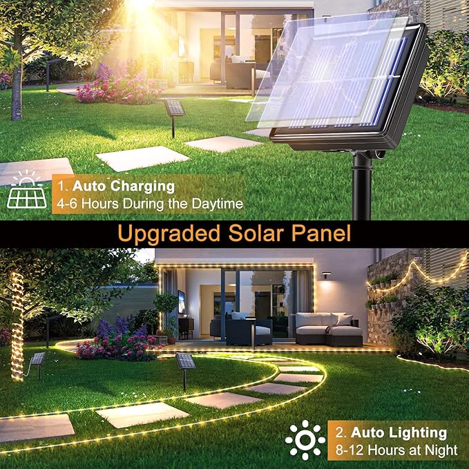 2 Pack Solar Rope Lights Outdoor Waterproof, Total 66FT 270 LED Solar String Lights for Outside with 8 Modes, Solar Powered Fairy Light for Patio Trampoline Garden Pool Holiday Decor, Warm White