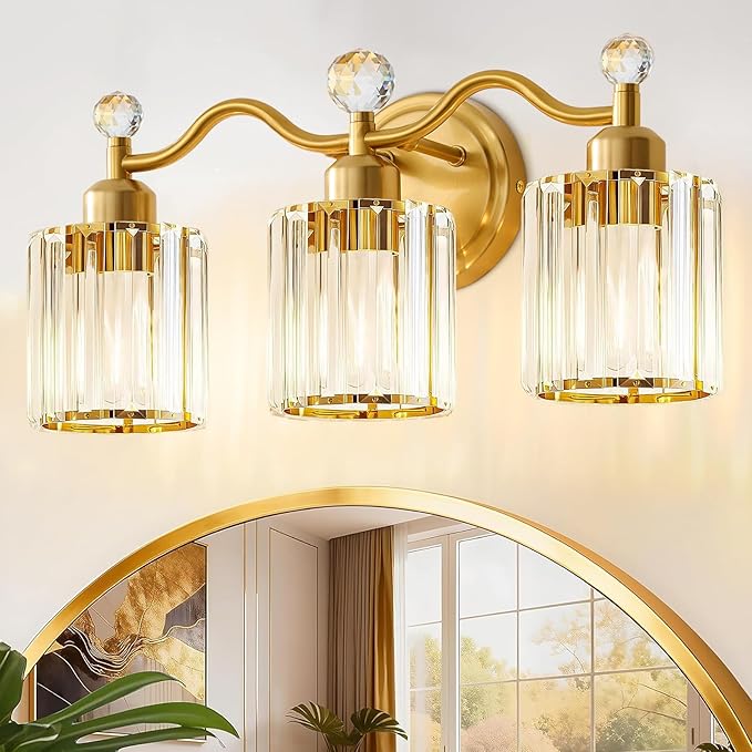 Gold Bathroom Vanity Light Fixtures 3-lights,Crystal Vanity Lights for Bath, Bathroom Lights Fixture with Clear Crystal Glass Shade, Modern Wall Light over Mirror, Wall Sconces Light for Hallway