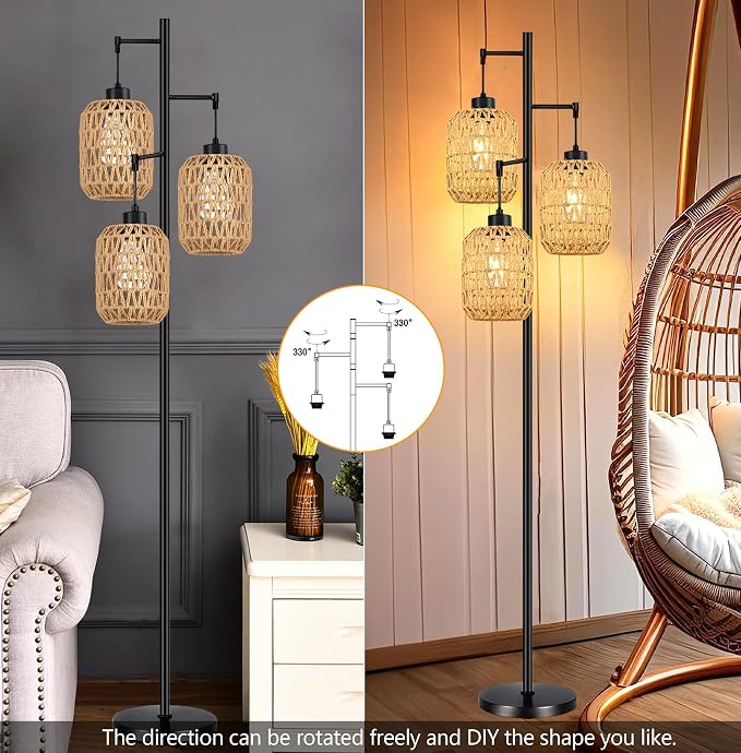 QIYIZM Floor Lamp for Living Room,Bedroom,Boho Rattan Tree 3 Lights Farmhouse Floor Lights,Industrial Black Standing Lamp Wicker Rustic Tall Lamp,Woven Bamboo LampShade Floor Lamps Bohemian