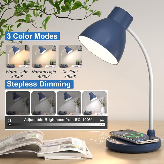 LED Desk Lamp for Home Office with Wireless Charger, Navy Blue | 3 Color Modes Dimmable Eye-Caring Study Reading Dorm Desk Lamp, 360° Flexible Arm Table Lamp for College Dorm Room, 800 Lumen