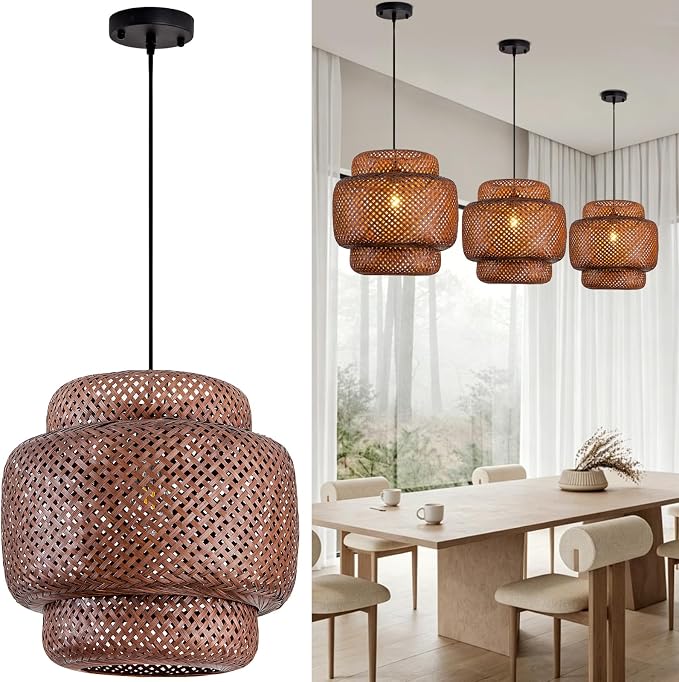 TeruTeru Ji Kaikang Bamboo Pendant Light,15.75" Curry Rattan Hanging Light | 1-Pack Brown Wicker Pendant Light,Hand Woven Chandelier for Kitchen Island Dining Bedroom Living Room Restaurants