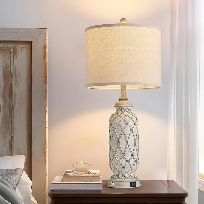 Farmhouse Table Lamps for Bedroom Set of 2, 28" Rustic Bedside Lamp with USB Ports, 3-Way Dimmable Nightstand Table Lamp for Living Room