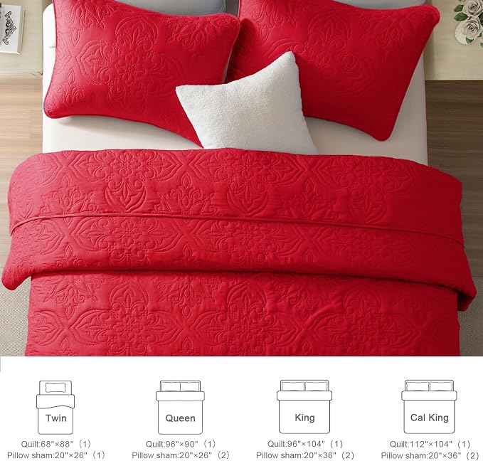 Whale Flotilla Twin Quilt Bedding Set Vintage Damask Reversible Bedspread | Suitable for Bed, 2 Pieces Red Lightweight Breathable Quilts Twin Size, Ultrasonic Coverlet Bed Cover with 1 Pillow Sham