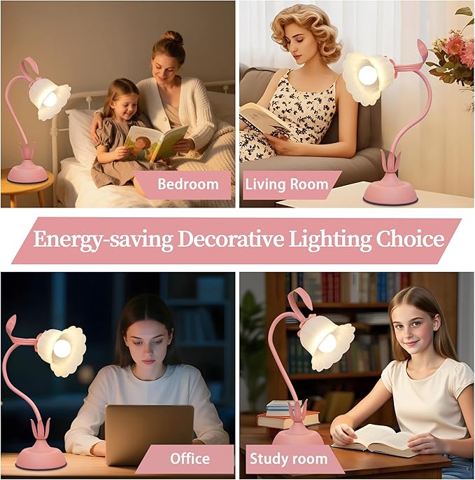 Vintage Flower Table Lamp, 3 Color Temperature Flexible Gooseneck Cute Small Desk Lamp for Bedroom, Kawaii Nightstand Bedside Lamps for Living Room, Dorm, Office, Home Decor (Pink) (Pink)