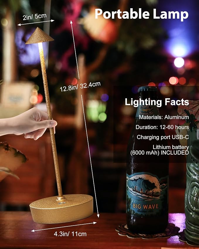 Cordless Table Lamps Rechargeable 6000mAh Battery Operated LED Desk Lamp | Outdoor Waterproof Portable 3 Color Touch Dimmable Table Light for Patio Restaurant Dining Home Set of 2 Capacitor Gold