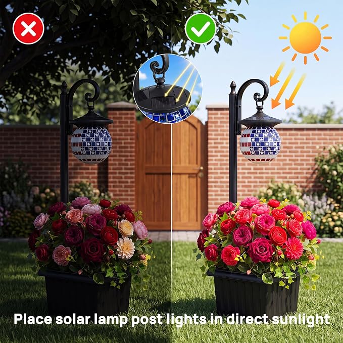 Solar Lamp Post Light with Planter, Patriotic Mosaic Outdoor Lantern Decor | Warm White LED Light, Dusk to Dawn, IP44 Waterproof, 4 Solar Panels, No Wiring Required, Energy Saving, Porch, Patio, Garden.