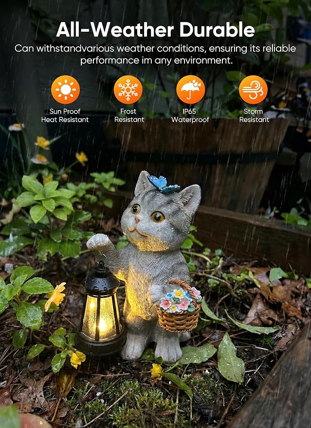 Brightown Solar Cat Garden Decor Statue with Solar Lantern Light, Hand-Painted Resin, IP65 Waterproof Outdoor Decor for Patio, Balcony & Yard Decorations, Unique Mothers Day Gifts for Mom Women
