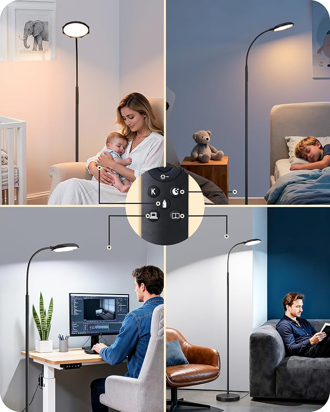EDISHINE LED Floor Lamp 1300LM Super Bright Reading Floor Lamps Black | Dimmable, 4CCT, Remote & Touch Control, Adjustable Gooseneck, Dual Timer Design, for Bedroom, Living Room, Office