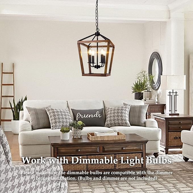 Farmhouse Chandelier Light Fixture for Kitchen Dining Room, 4-Light Rustic Pendant Hanging Ceiling Light Height Adjustable in Oak Wood Finish, Cage Lantern Lighting with E12 Base for Hallway Foyer | Industrial Kitchen Lantern chandelier Over Table, Pen...