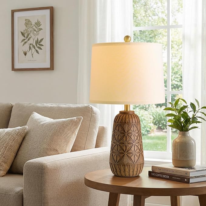 BOBOMOMO 24" Modern Farmhouse Table Lamp, Geometric Hand-Carved Resin Bedside Lamp with Wood Grain Finish, Rustic Nightstand Lamp for Bedroom & Living Room, Cottage Decor, Rotary Switch