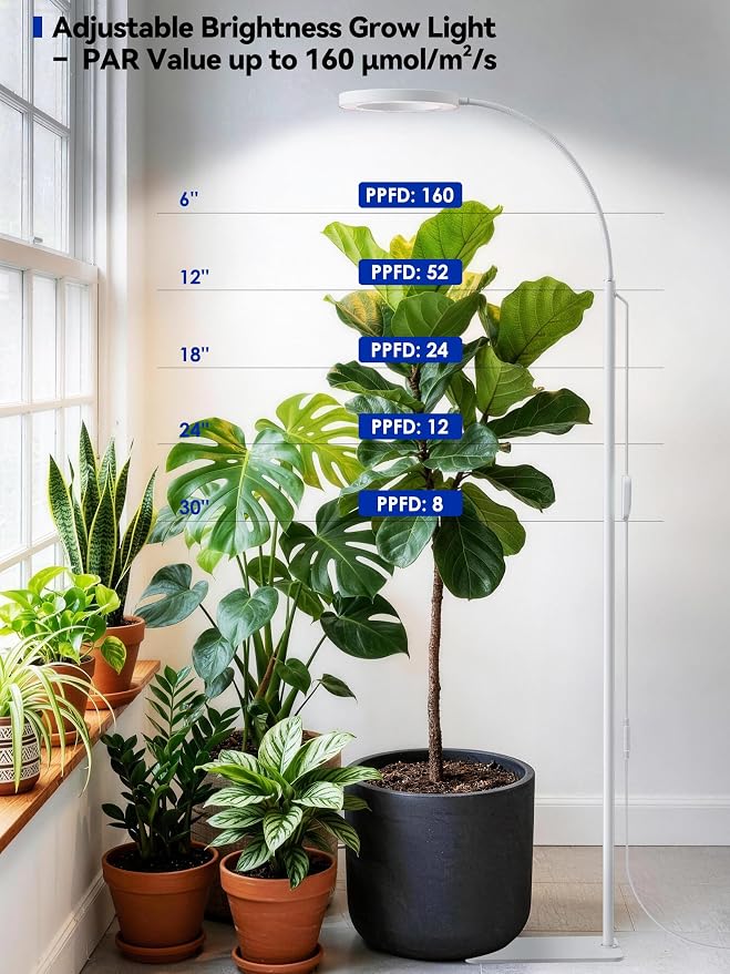 36W Grow Lights for Indoor Plants,Full Spectrum LED Plant Light with Stand | Dual Heads, Adjustable Height and Angle, 3/9/12H Timer, Dimmable, 3 Modes Floor Plant Growing Lamp for Indoor Growing, White