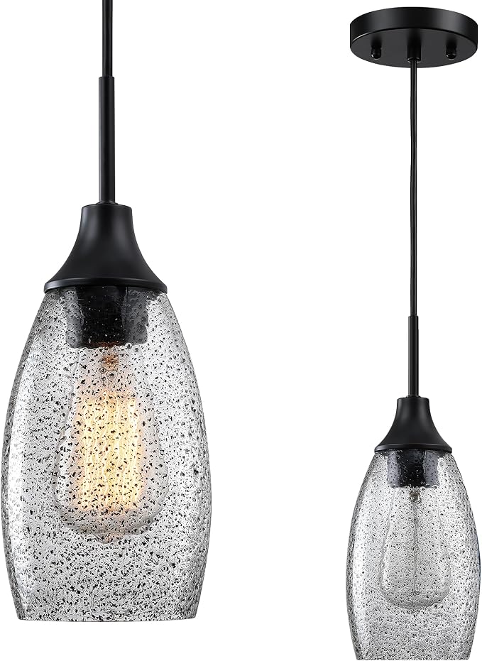 Viinew Mini Glass Pendant Light,1-Pack Black Seeded Glass Pendant Light | Handblown Grey Seeded Art Oval Glass Shade Adjustable Cord Lamp Ceiling Pendant Light Fixture for Kitchen,Dining,Bedroom