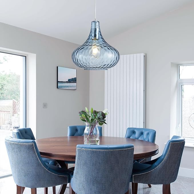 11 Inch Blue Hammered Glass Pendant Light Brushed Nickel Ceiling Lamp | Adjustable hanging cord, warm soft diffused light, decor for dining space, kitchen island, hallway and living room