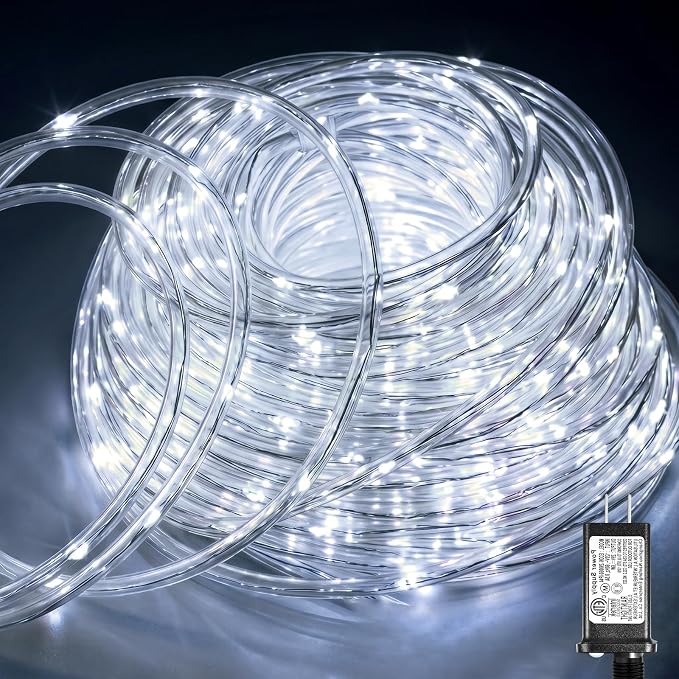 Rope Lights for Outside, 33FT 100 LED Christmas Lights Outdoor, Cool White | Waterproof 8 Modes Plug in Connectable Tube Lights Indoor for Garden Patio Pool Classroom Landscape Party Decorations