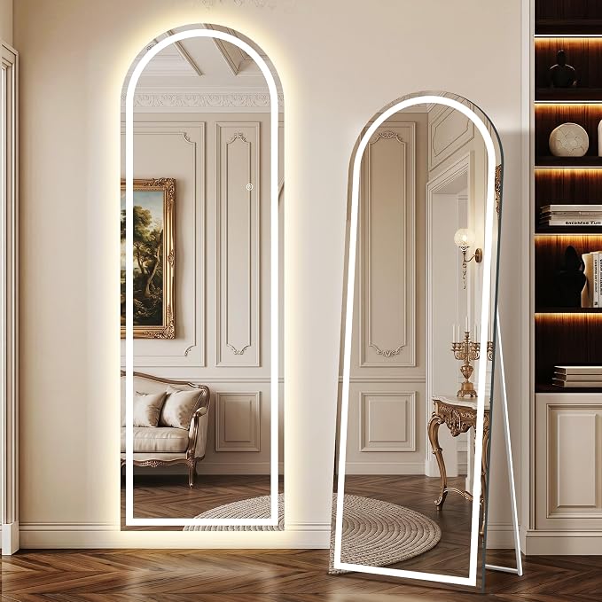 LED Arched Full Length Mirror, 65"x21" Full Body Mirror with Lights, Dimmable & 3 Color Lighting, Standing/Leaning/Wall Mounted Vanity Mirror for Bedroom, Dressing Room, Living Room