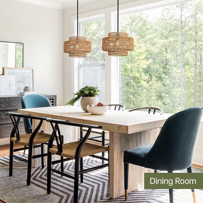 12.4” Boho Rattan Pendant Light Fixture for Dining Room, 1-Light Black Chandelier Farmhouse Rustic Hanging Lamp for Kitchen Island, Bedroom, Living Room, Entryway, Foyer, Hallway