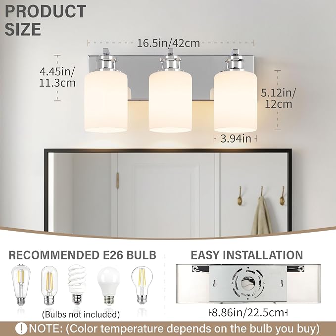 3-Light Chrome Bathroom Vanity Light Fixture, Vanity Lights for Bathroom | Modern Chrome Bathroom Vanity Light Fixture Over Mirror with White Glass Shade, Bathroom Wall Light Over Sink, 16.5 Inch