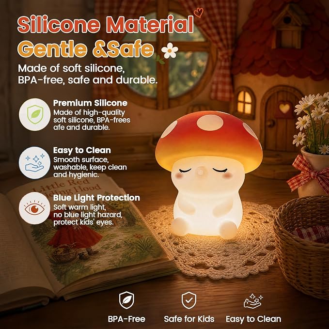 FAMIDUO Mushroom Night Light, Squishy Silicone Touch Bedside Nursery Lamp | Warm Glow, Safe BPA-free Silicone, 20-min Auto Sleep Timer, 2 Brightness,Kids Room Decor, Baby Shower Gifts for Girls Toddler