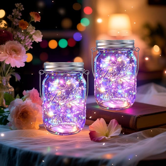 Solar Mason Jar Lights, 12 Pack 30 LED(NO Jars) Firefly Fairy String Lights, Waterproof Outdoor Solar Mason Jar Lid Lights with Hangers for Patio Garden Yard Wedding Decoration - Multicolor