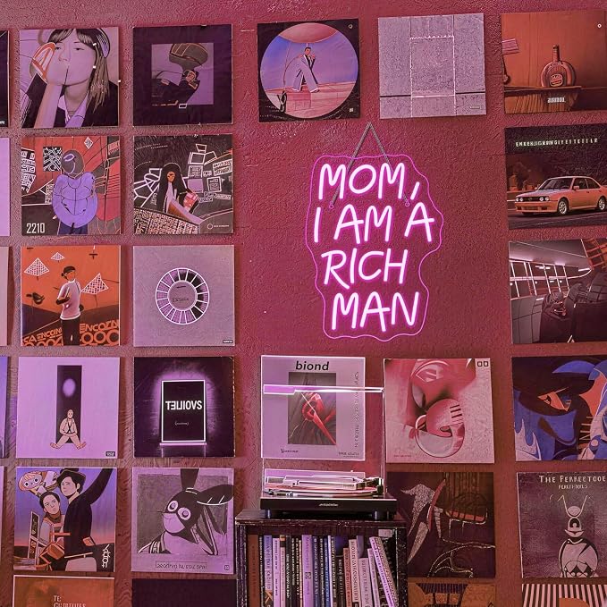 Lucunstar Mom I Am A Rich Man Neon Sign Pink Neon Signs for Wall Decor Pink LED Light for Bedroom Decor USB Connectivity Led Neon Signs for Home Boys Room Man Cave Gifts for Teens