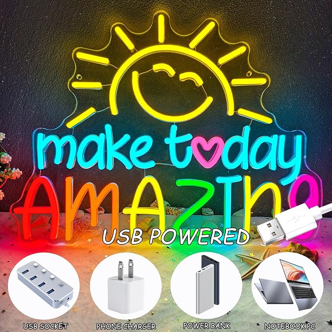 Make Today Amazing Neon Sign Inspirational Letter Neon Light for Wall Decor | Lemon Yellow Sunrise LED Neon Lights Sign for Classroom Office Bedroom Wedding Cafe Birthday Party Backdrop Decorations