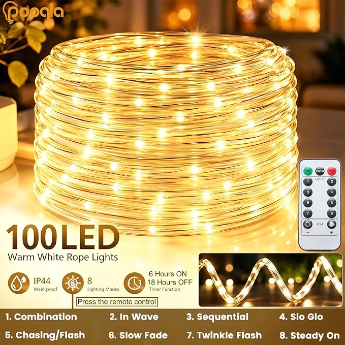 Rope Lights Outdoor, 2 x 100LED Warm White Battery String Lights | Rope Lights Outdoor with 8 Modes Remote&Timer, Waterproof Battery Operated Camping Lights for Car Trampoline