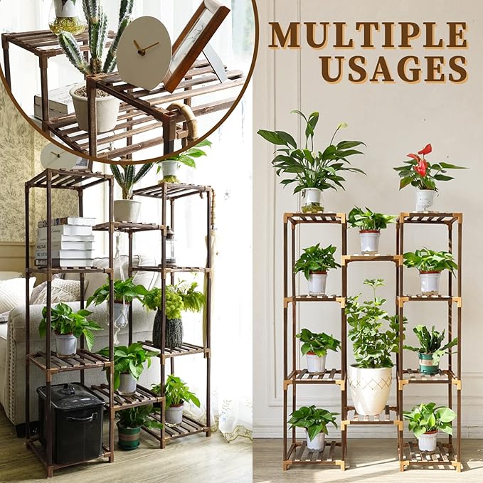 Plant Stand Indoor Outdoor, Tall Plant Shelf for Multiple Plants, 10 tiers 11 Pot Large Plants Holder Rack Wood Plant Shelves for Room Corner Balcony Garden Patio